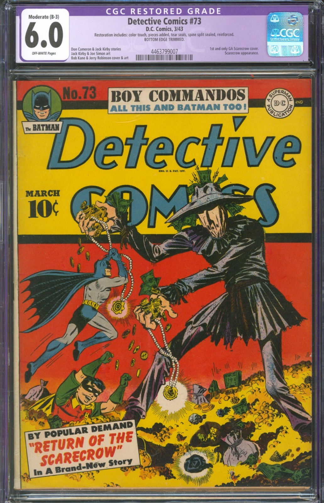 Detective Comics #73 CGC 6.0 D.C. Comics 1943 Restored 1st Scarecrow Cover
