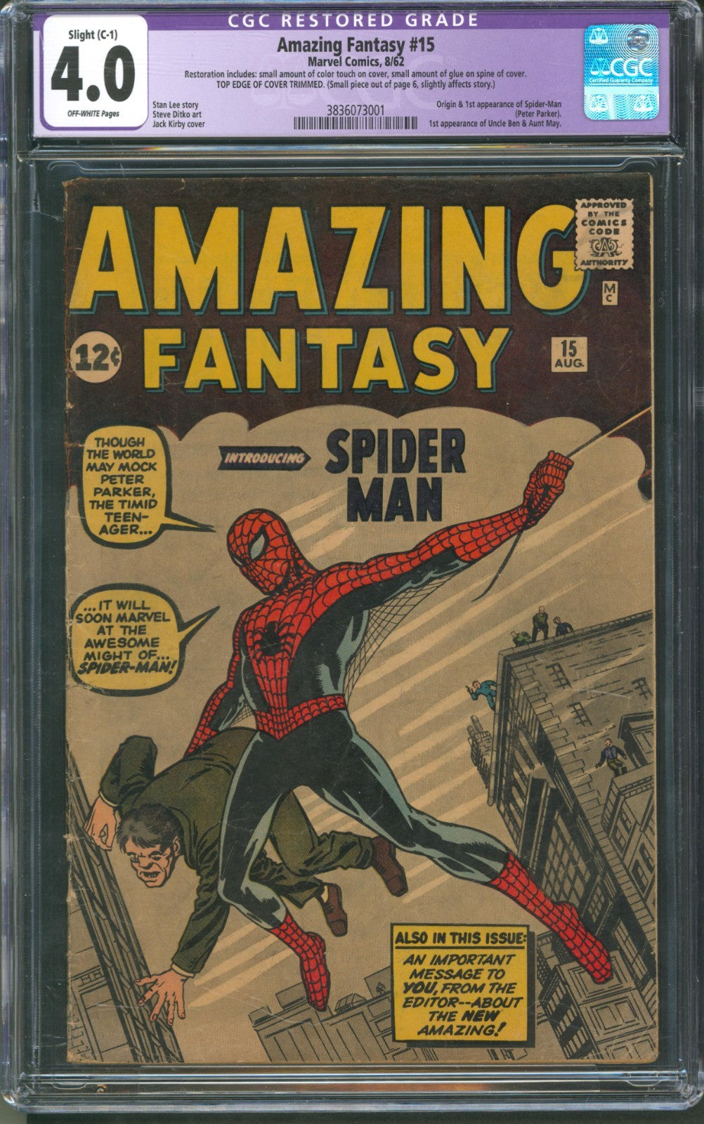 Amazing Fantasy #15 CGC 4.0 Marvel Comics 1962 Restored 1st App of Spider-Man
