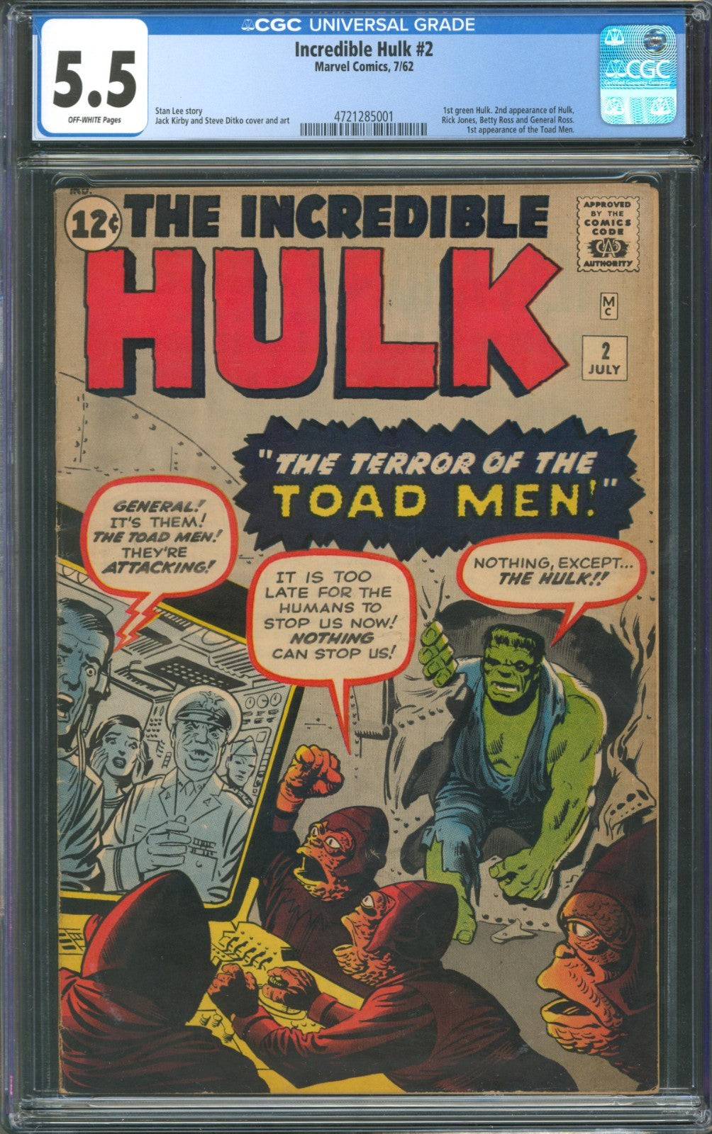 Incredible Hulk #2 CGC 5.5 Marvel Comics 1962 1st Appearance of Green Hulk