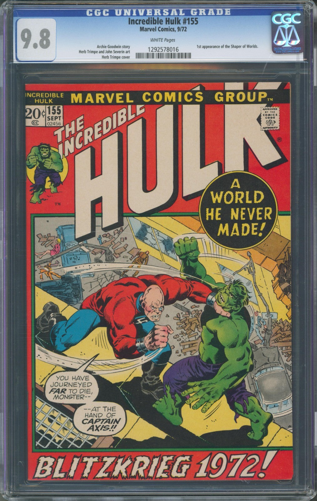 Incredible Hulk #155 CGC 9.8 Marvel Comics 1972 1st Appearance Shapers of Worlds